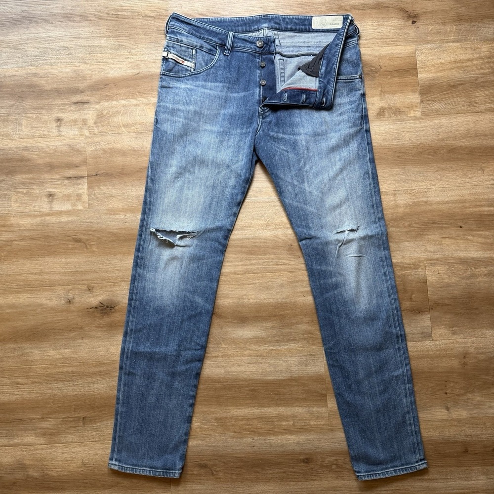 Diesel D-Bazer Jeans Men 36x34 Blue Tapered Stretch Thrashed Denim 0097Y